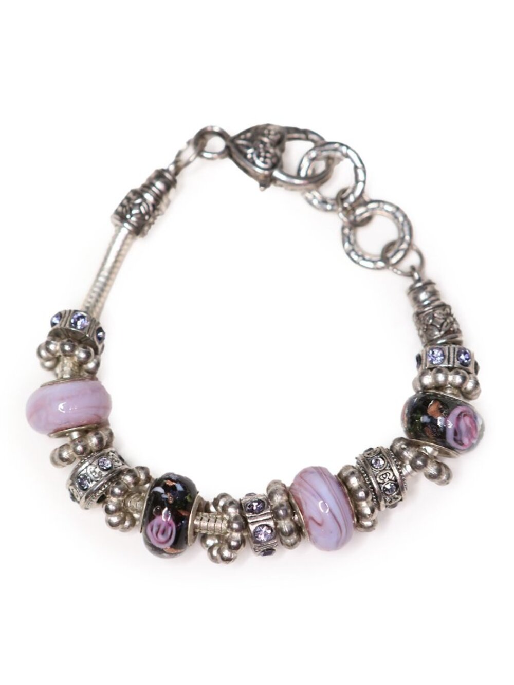 Vintage European Style Charm Bracelet Purple Murano Glass Floral Heart Clasp